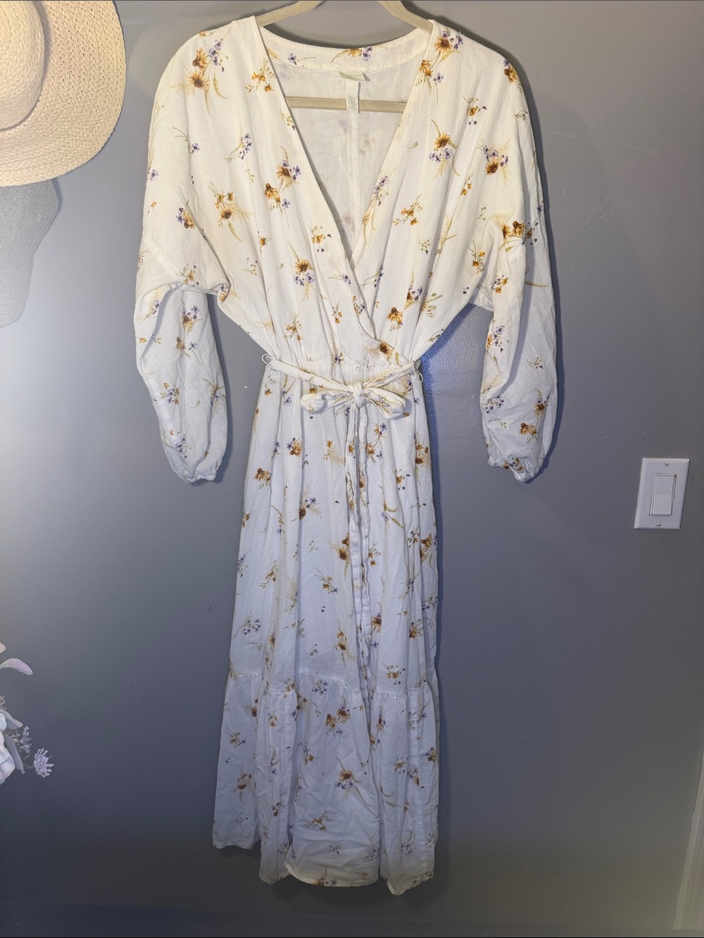 H&M White Floral Wrap Maxi Dress with Yellow and Lavender Accents